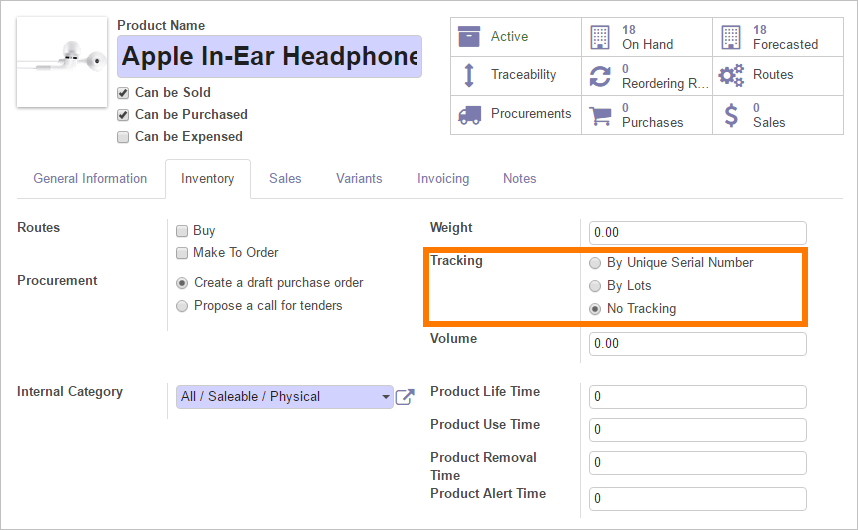 Odoo Product settings Lot SN