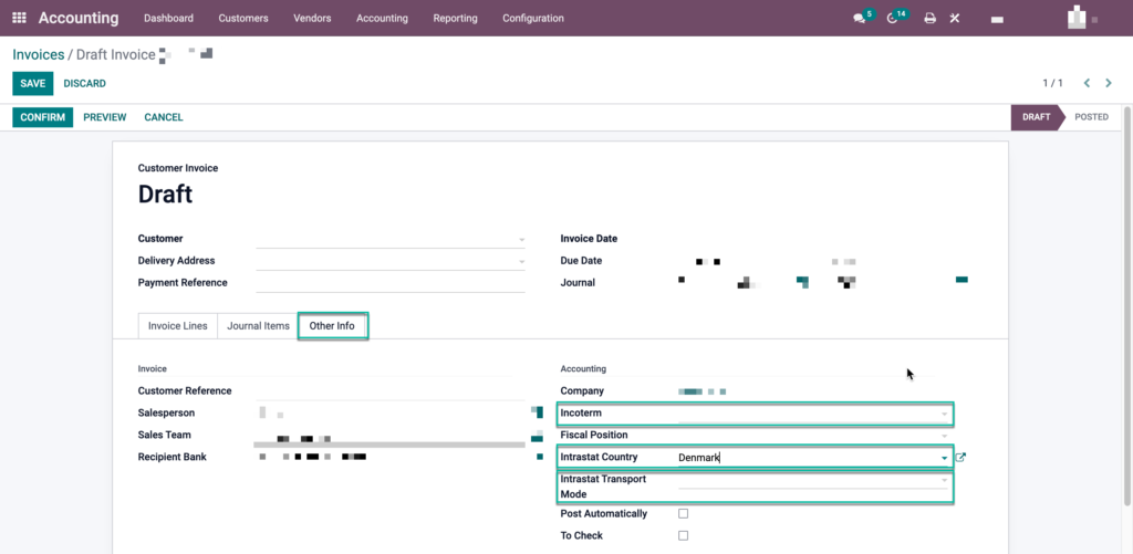 Selecting the Incoterm, Country of Arrival or Dispatch, and Intrastat Transport Mode