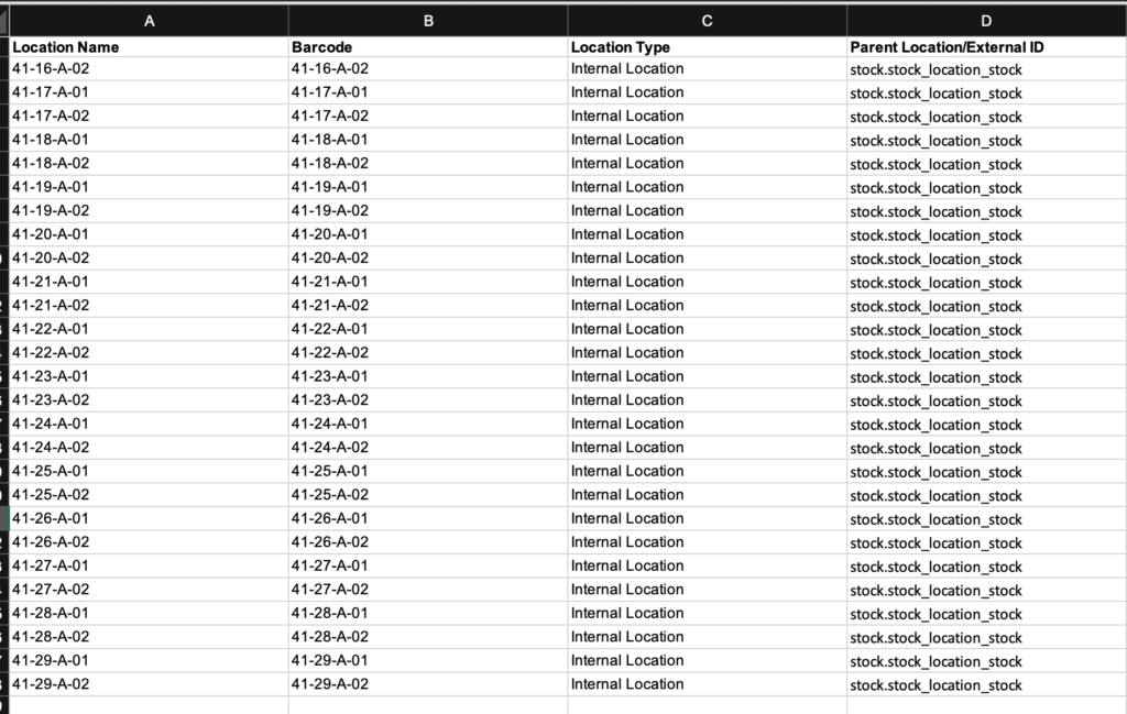 Example of exported fields from Odoo to .xlsx