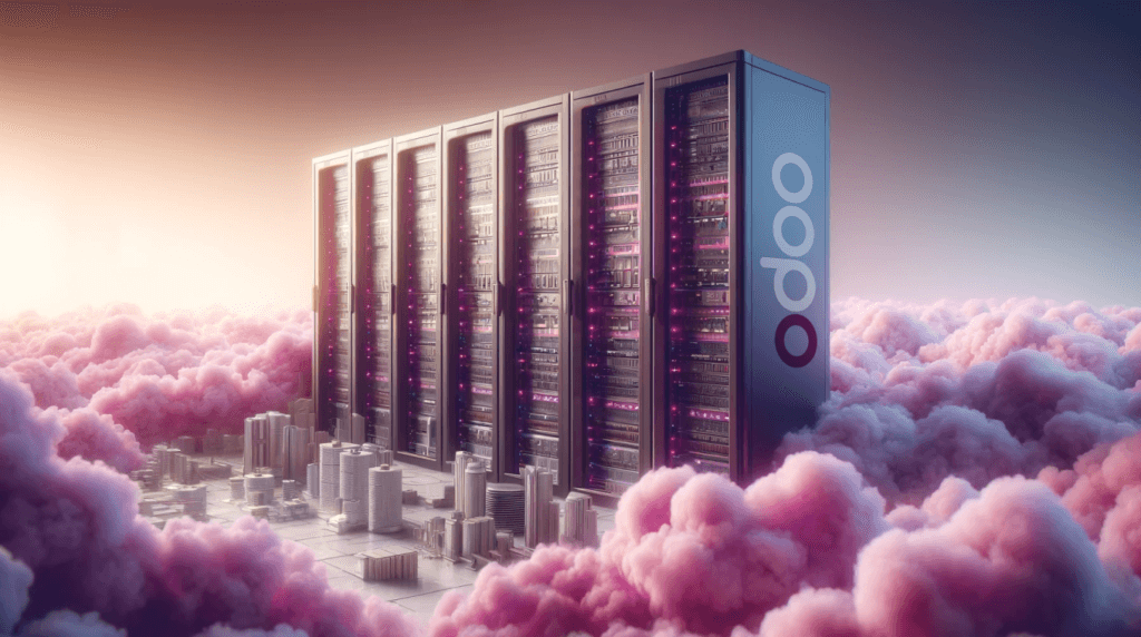 Big odoo server hosting surrounded by clouds on the isolated background