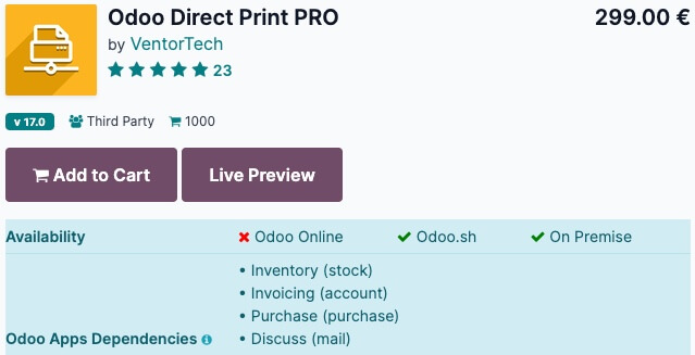 A screenshot of the Odoo Direct Print Pro app by VentorTech