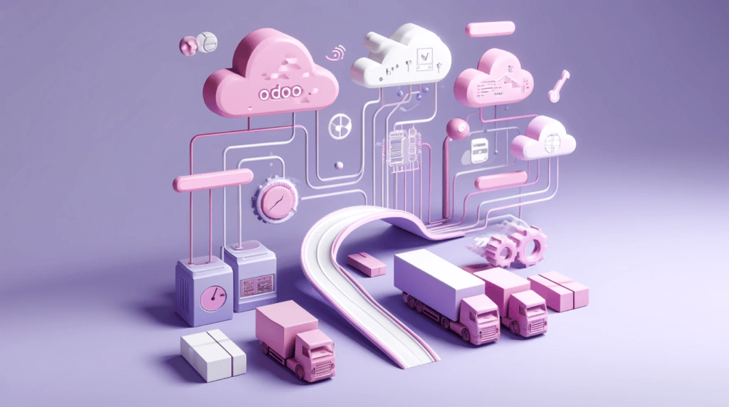 image featuring a fleet of trucks interconnected with cloud Odoo solutions in 3D style