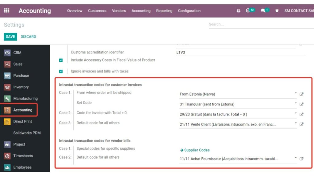 screenshot from Odoo ERP featuring adjustments in accounting: customs declaration automation with Odoo