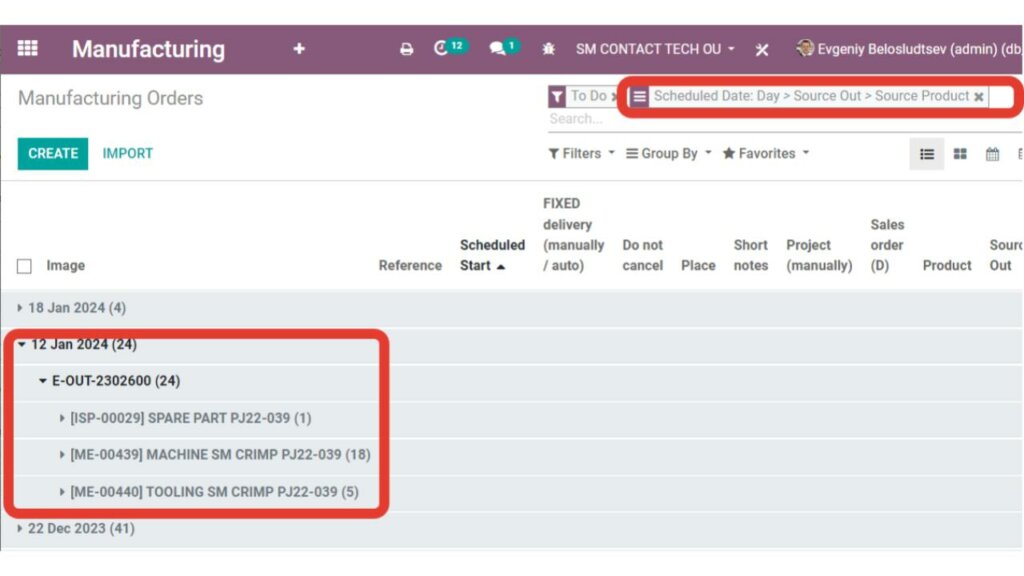 screenshot from Odoo ERP shows how manufacturing orders are organized by date and linked by source output to each delivery
