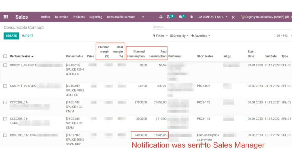 a screenshot from Odoo ERP: Sales featuring margin control notifications of SMContact company