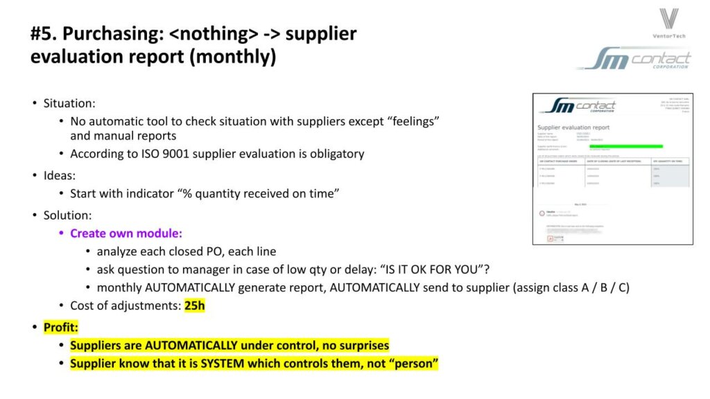 power point slide featuring bullet points for Odoo implementation in Purchasing: from no tracking to a monthly supplier evaluation report