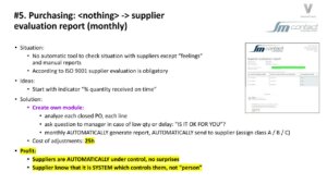 power point slide featuring bullet points for Odoo implementation in Purchasing: from no tracking to a monthly supplier evaluation report