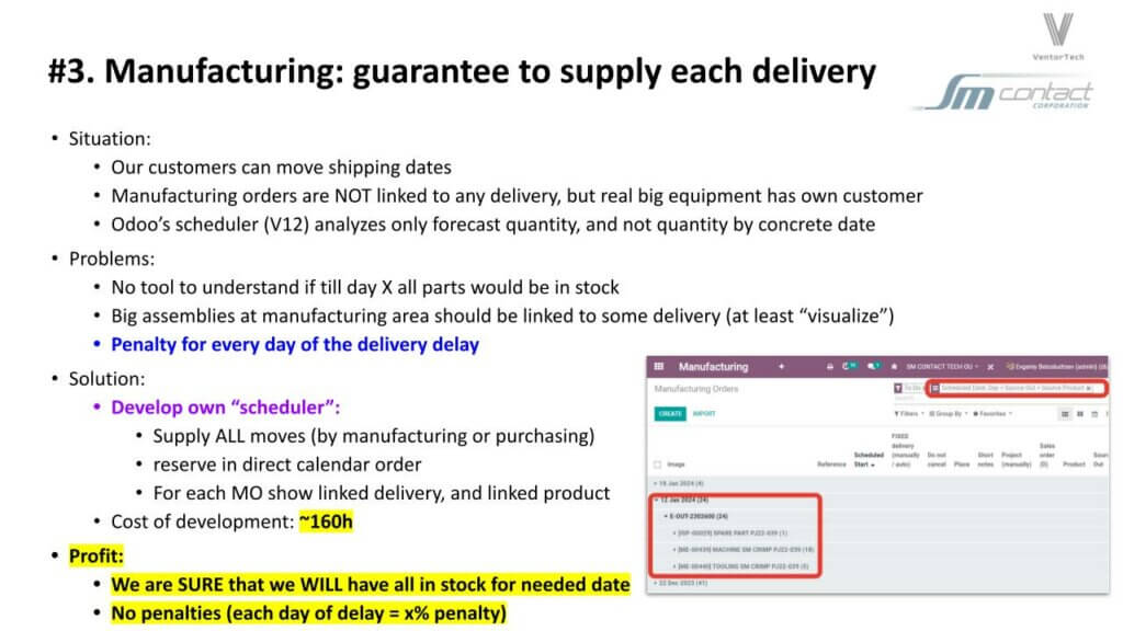 power point slide featuring bullet points for Odoo implementation in Manufacturing: guarantee to supply each delivery