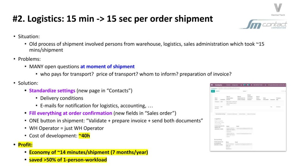 power point slide featuring bullet points for Odoo implementation Logistics: from 15 min to 15 sec per order shipment