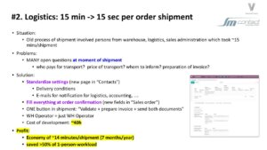 power point slide featuring bullet points for Odoo implementation Logistics: from 15 min to 15 sec per order shipment