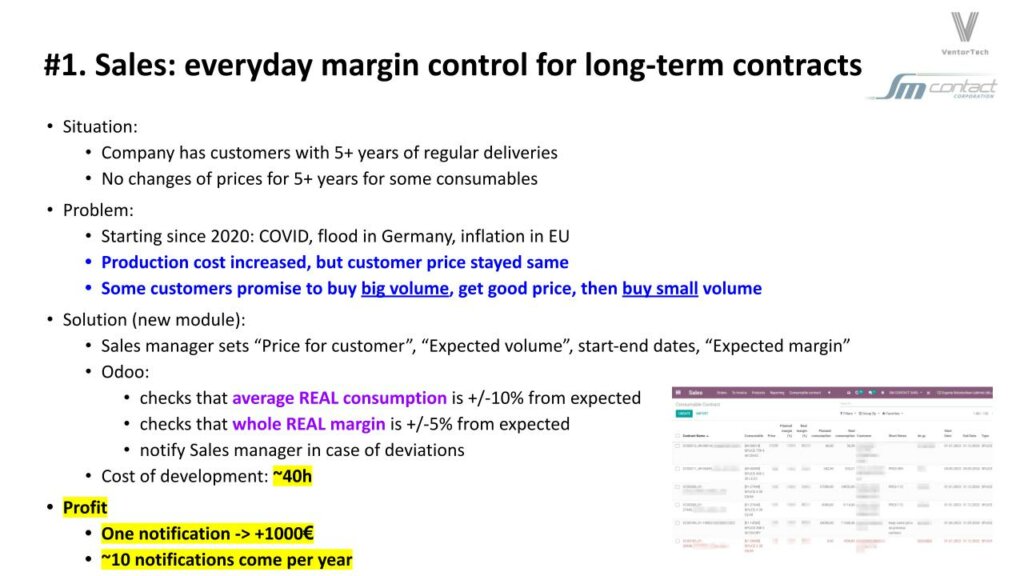 power point slide featuring bullet points for Odoo implementation in Sales: everyday margin control for long-term contracts