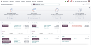 a screenshot from Odoo CRM showing accounting dashboard