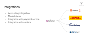Slide featuring various Odoo integrations for accounting, marketplaces, payment services, carriers